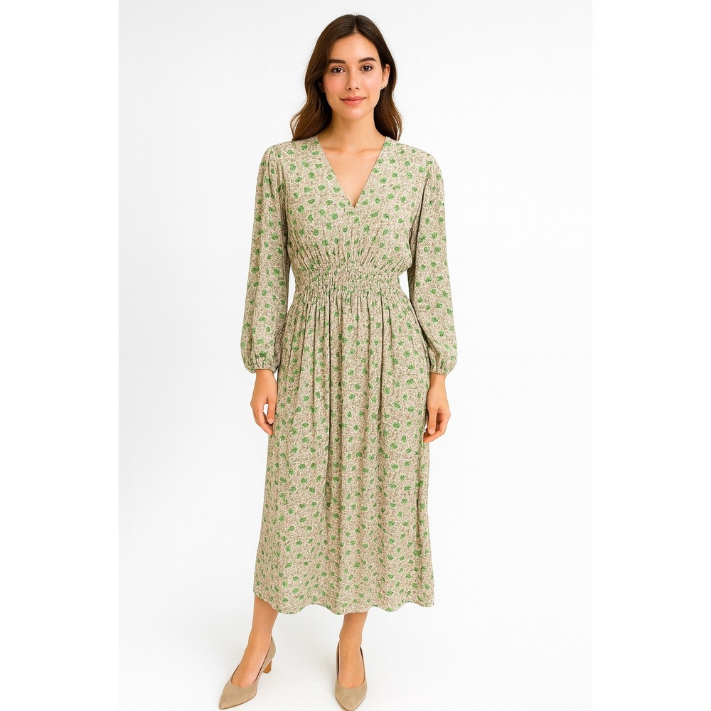 Dress Forum Dress Women Medium Green Floral Midi Smocked Long Sleeve Cottagecore